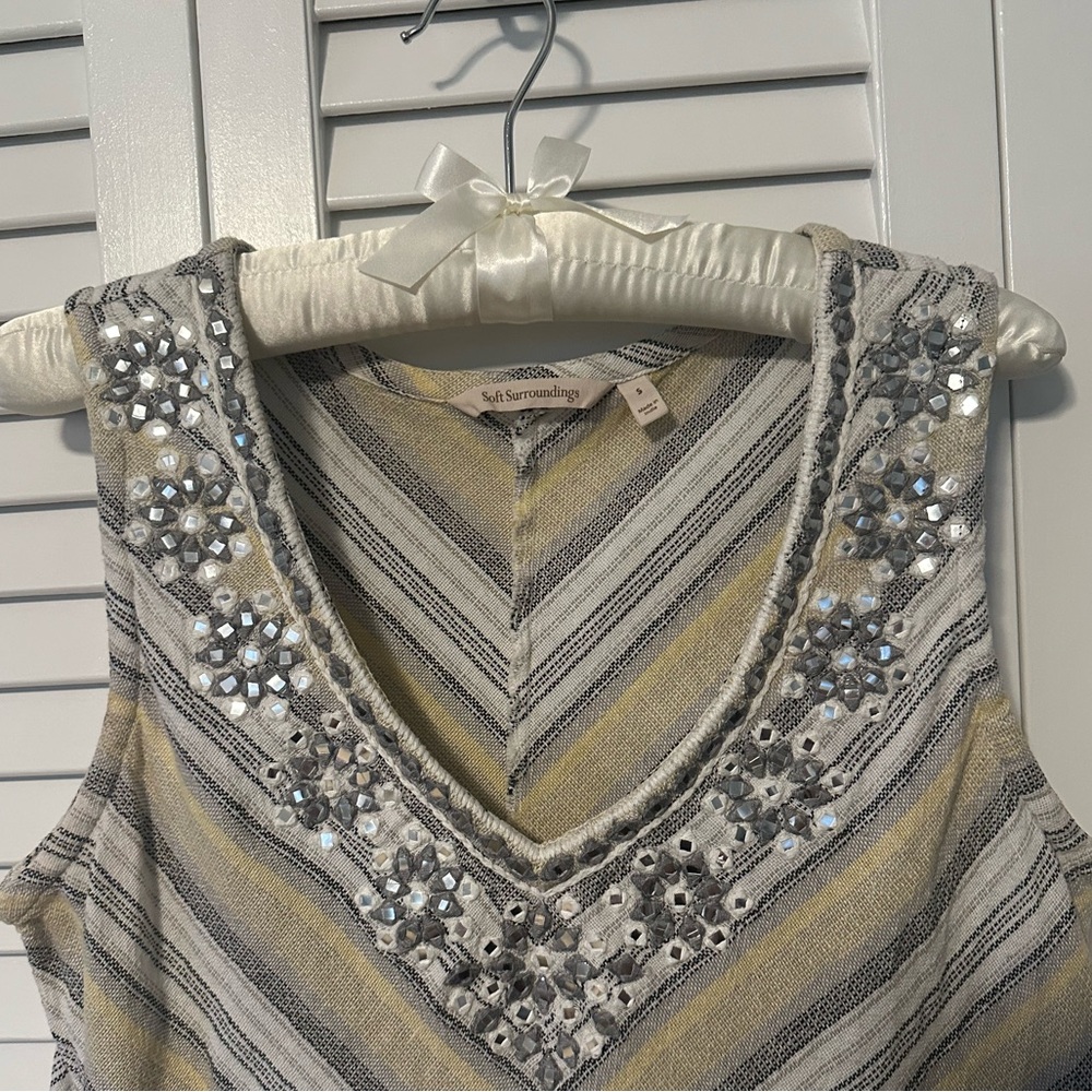 100% cotton, Soft Surroundings chevron striped top with mirrored embellishments